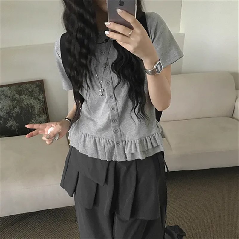 夏日小记 俏皮荷叶边下摆圆领短袖T恤 日系复古少女百搭宽松上衣