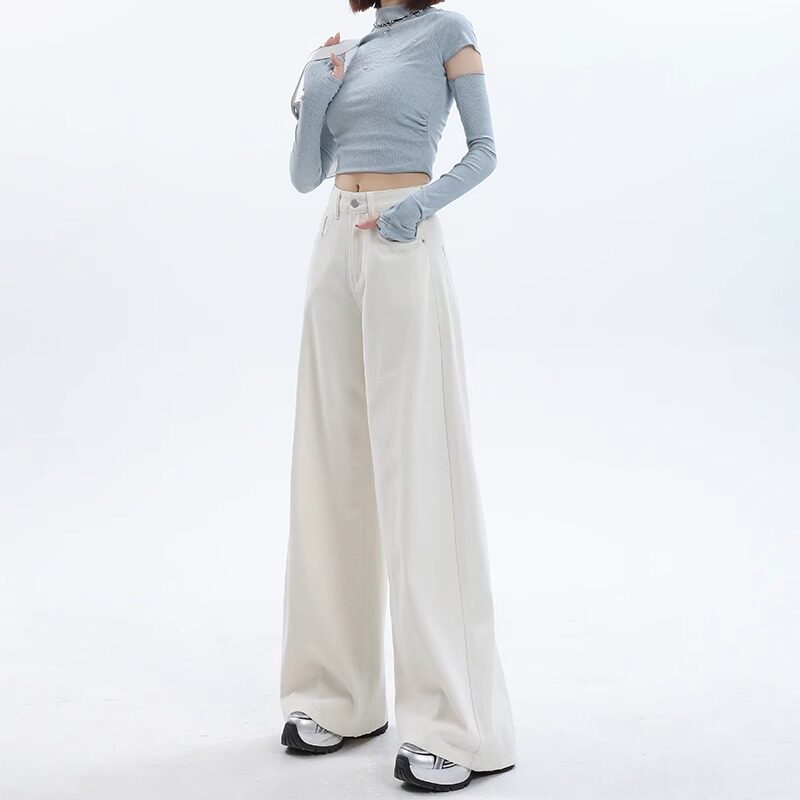 白色牛仔裤女夏宽松垂感2024年新款高腰显瘦复古阔V腿拖地裤子春