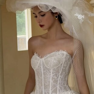 新款新娘法式复古抓纱蓬蓬礼帽头纱旅拍样片头饰森系结婚拍照写真