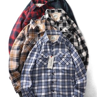 美式经典磨毛格子衬衫男款长袖冬季加绒加厚外贸男装工装衬衣外套