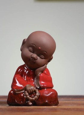 可爱禅意新中式书房书架茶室桌面摆件客厅架子装饰品紫砂陶小和尚