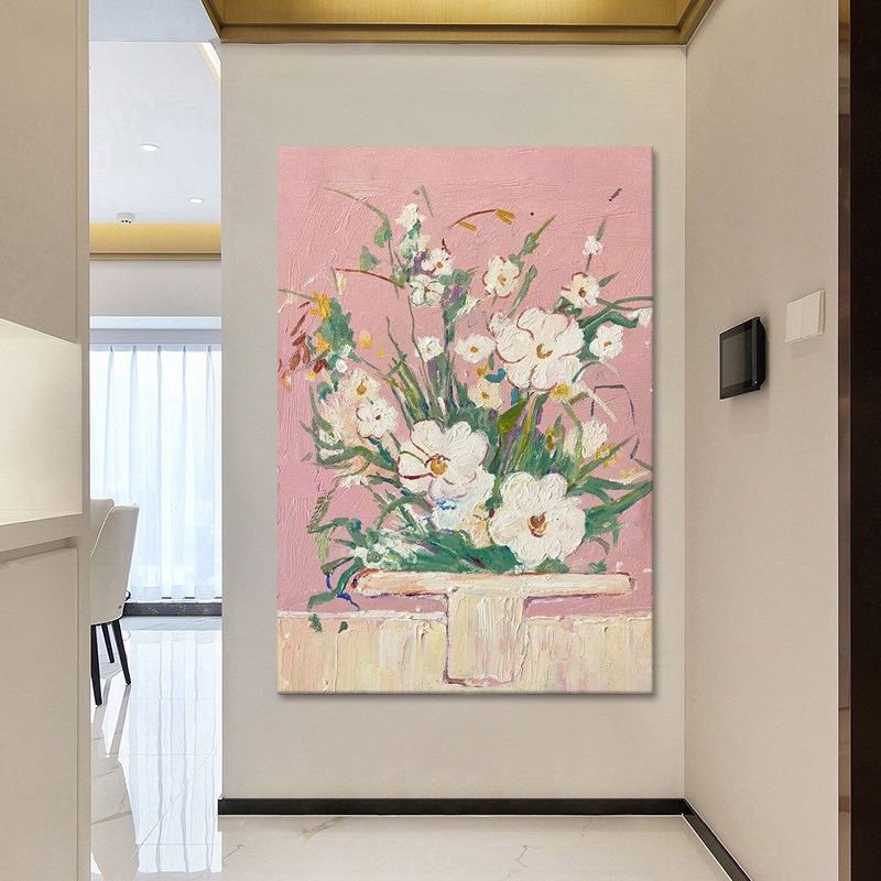 餐厅奶油风花卉肌理壁画客厅手绘油画玄关抽象牡S丹花丙烯装饰挂图片