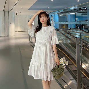 白色裙时尚 孕妇连衣裙夏季 纯棉中长款 短袖 宽松圆领清新A字裙 新款