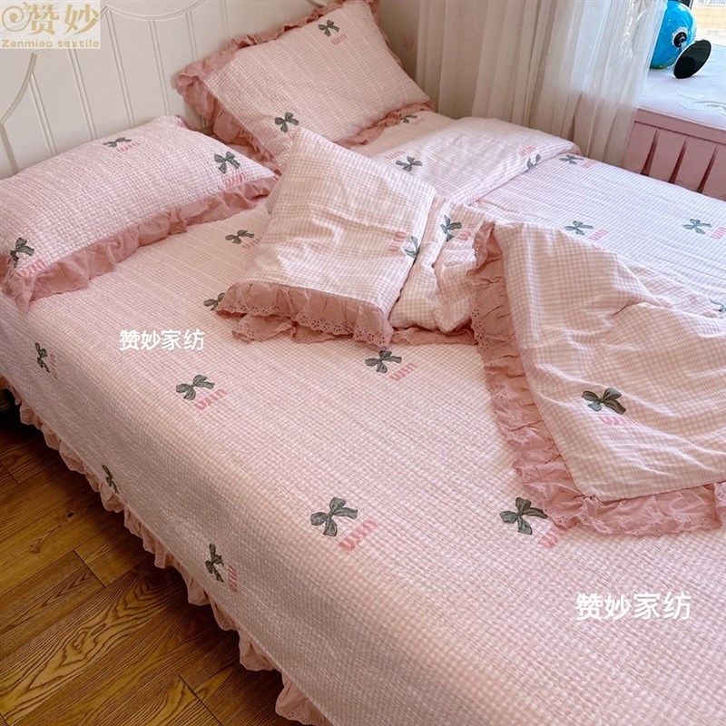 法式纯棉绗缝床盖三件套四季通用全棉夹棉床单2024新款韩国高级感