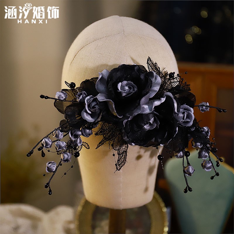 森系新娘个性黑灰色蕾丝铃兰花头饰婚纱礼服写真拍照发饰影楼配饰