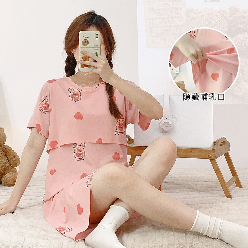 孕妇睡衣b夏季哺乳连衣裙宽松短袖爽棉产后喂奶衣哺乳睡裙薄月子