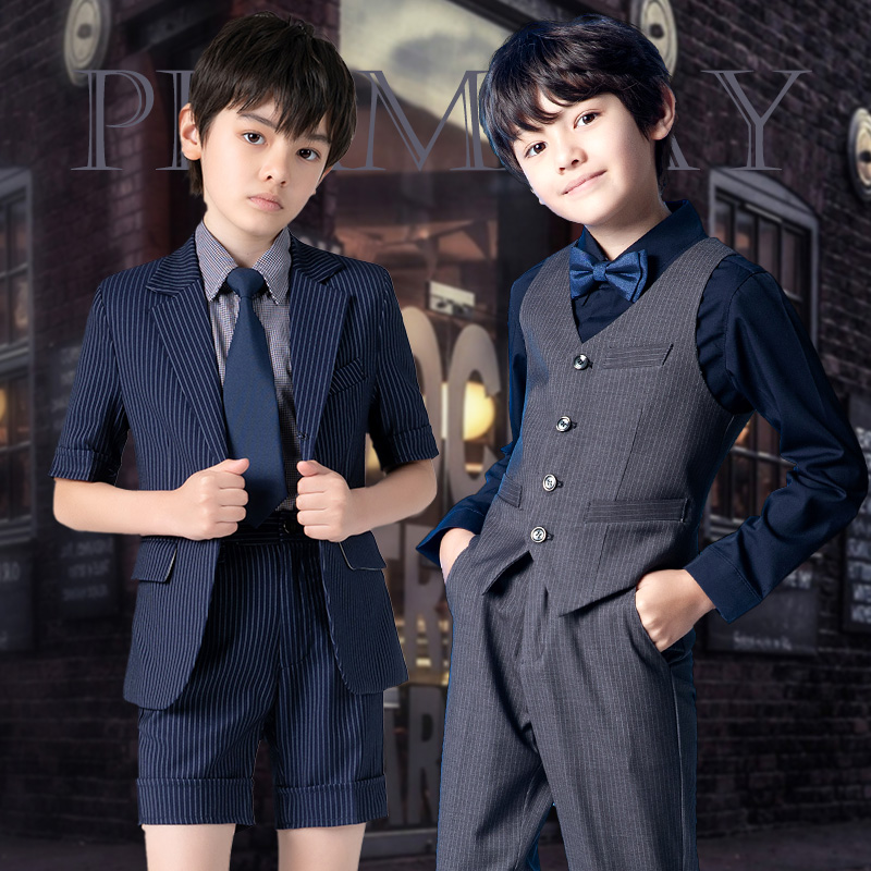2020新款儿童西装小西服套装灰蓝条纹双排扣花童礼服男童走秀表演