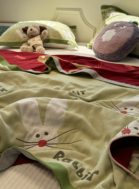 A类卡通绿色小兔k夏季薄款纯棉四层纱布毛巾被夏天儿童午睡毯毛毯
