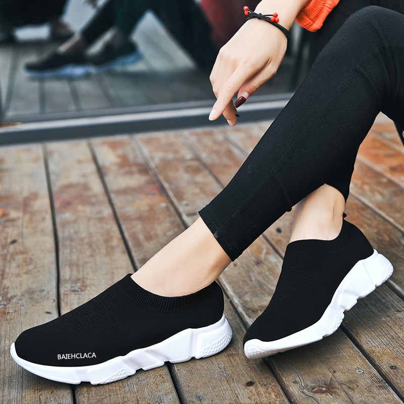 多好走路鞋一脚蹬男鞋女鞋黑色百搭飞织透气网面休闲软底运动鞋子