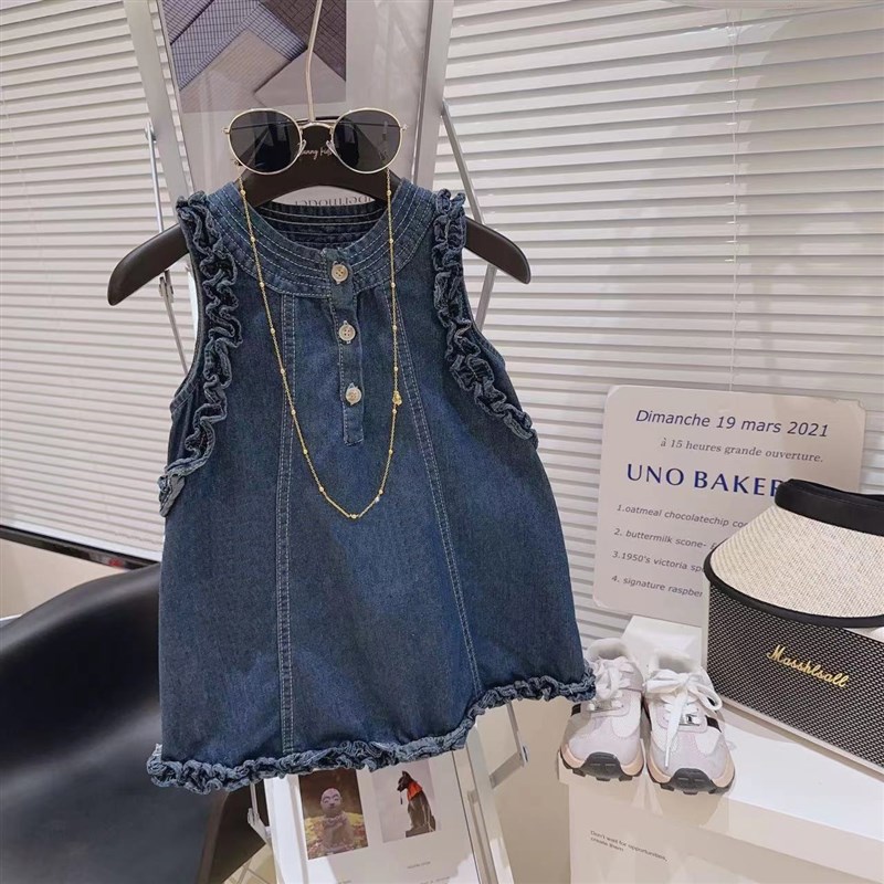 女童时髦牛仔背i心裙2024夏季新款韩版儿童度假木耳边无袖连衣裙