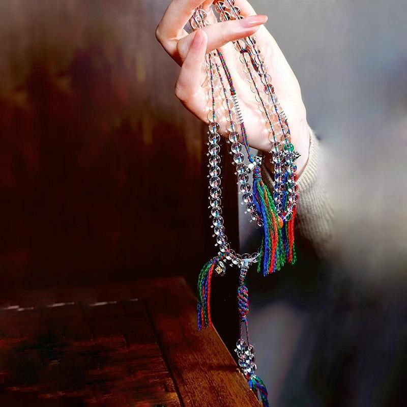 10A天然冰透白水晶佛珠手链藏式手搓棉绳项链108颗佛珠念珠新中式