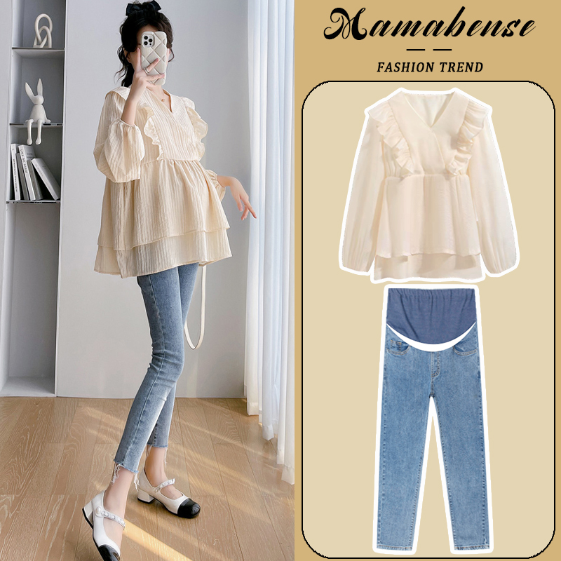 孕妇套装时尚洋派时髦宽松显瘦遮肚上衣牛仔裤两件套202Y3新款春