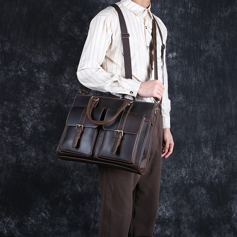 疯马皮复古牛皮男士手提包头层牛皮公文包真皮电脑包单肩斜挎包