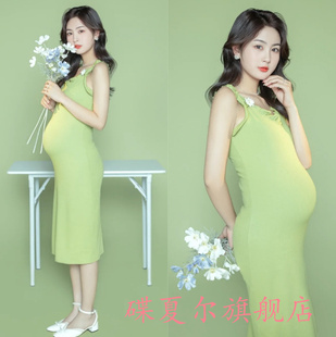 修身 吊带连衣裙中长款 孕期妈咪大肚照写真摄影服 孕妇拍照服装 新款