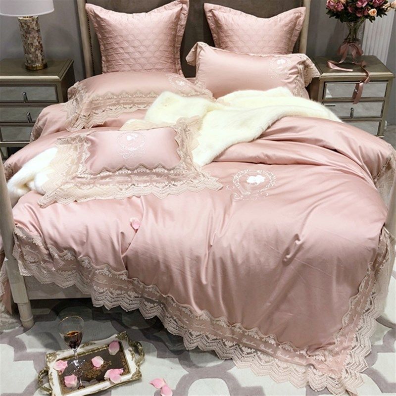 法式粉色100支海岛棉刺绣四件套 婚庆I蕾丝边公主风欧式床上用品