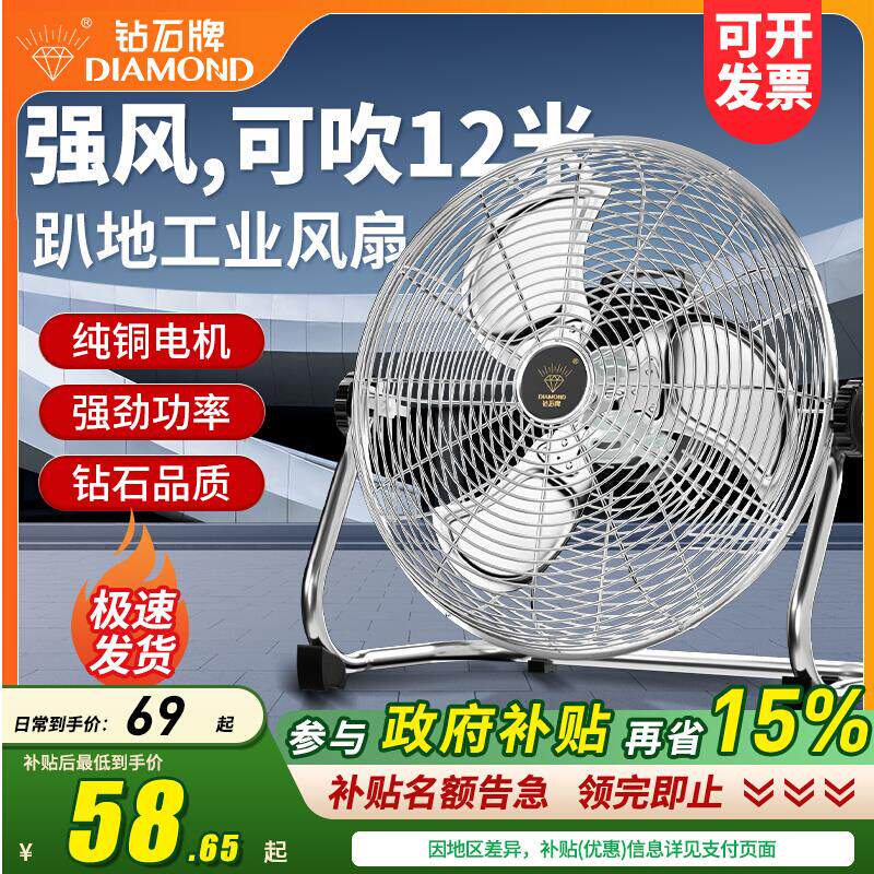 钻石牌电风扇工业风扇大风力落地扇家用餐厅台式坐爬地强力趴地扇