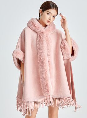大码秋冬连帽外搭毛绒斗篷披肩女大毛领时尚格子加厚保暖外套大衣