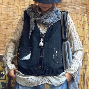 素说与麻复古文艺V领针织马甲女秋冬2023新款短款毛线开衫背心