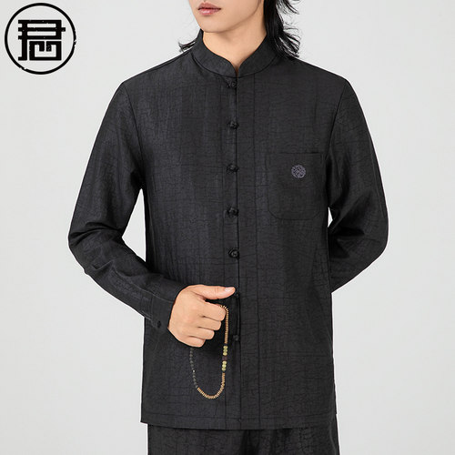 顺德龟纹香云纱唐装男长袖上衣中式盘扣复古立领衬衫真丝男装国风