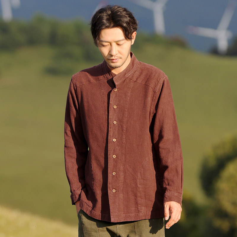 楠中式苎麻上衣唐装男长袖秋款衬衫国风刺子绣长袖大码宽松星诚