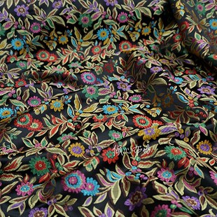 踏春百花娇 黑底色七彩软缎织锦缎中H式布料旗袍汉服丝绸缎子面料
