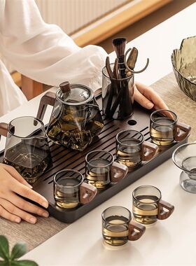 木把透黑色玻璃泡茶壶家用可电陶炉煮茶壶高硼硅玻璃观山底花茶壶