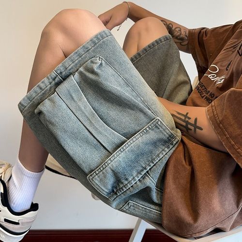 2025夏季水洗大口袋高街工装牛仔短裤男潮牌休闲五分裤潮流青少年