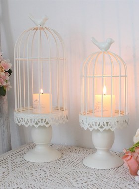 白色烛台装饰鸟笼铁件烛台复古套二简约家居饰品装饰摆件多肉花盆