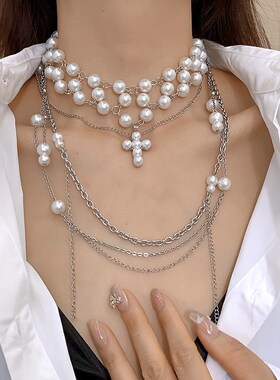 珍珠多层十字架吊坠项链法式复古轻奢百搭锁骨链个性创意新款项饰