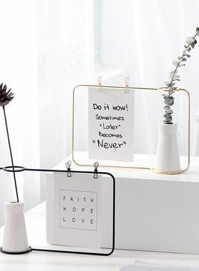 ins北欧简约金色铁艺陶瓷小花瓶摆件 干花花插家居装饰留言架