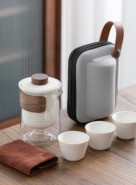 便携式旅行茶杯茶具小套装玻璃户外一壶三杯陶瓷快客杯单人泡茶壶