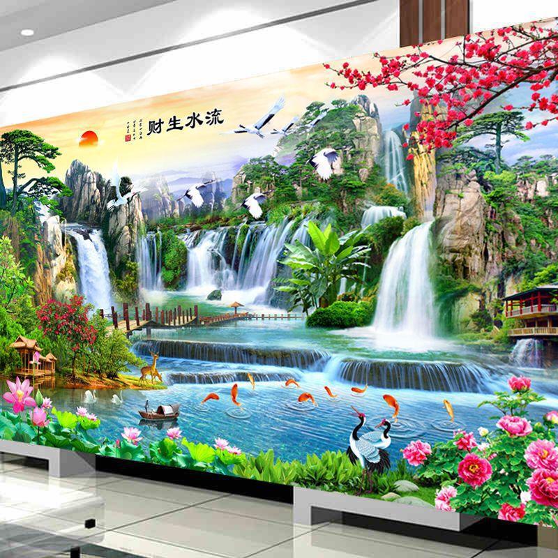 2025年新款钻石画满钻流水生财迎客松山水画客厅点贴砖十字绣2024