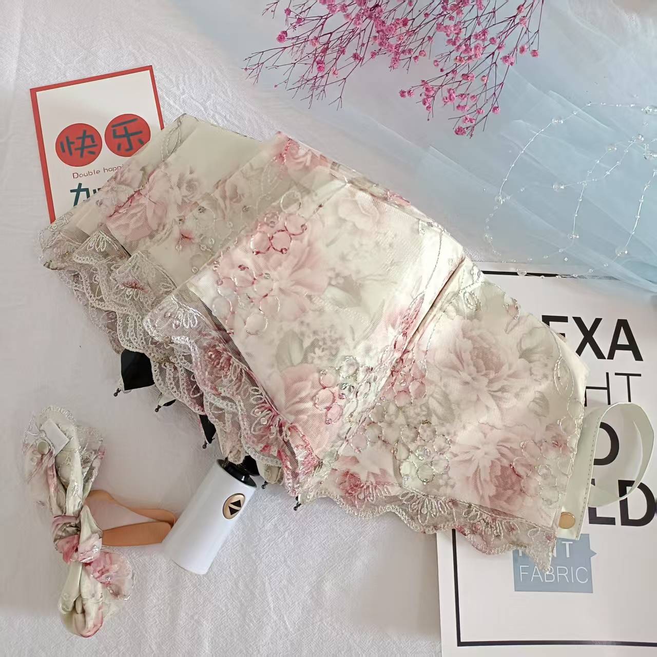 双层蕾丝伞黑胶防晒防紫外线遮阳折叠晴雨两用女士雨伞自动太阳伞