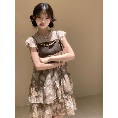 2024夏季小众设计感木耳边小飞袖短袖上衣女甜美风短款吊带裙套装
