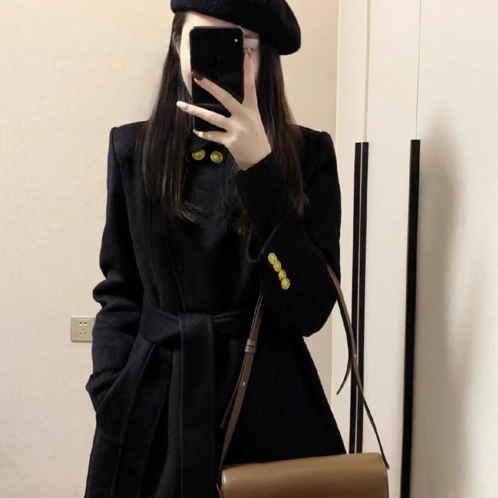 高级感黑色呢子大衣女中长款2025秋冬韩系赫本风系带显瘦毛呢外套