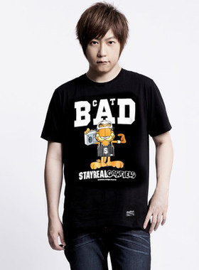 五月天阿信同款 潮牌SR坏坏加菲猫t恤 黑白色短袖休闲时尚情侣款