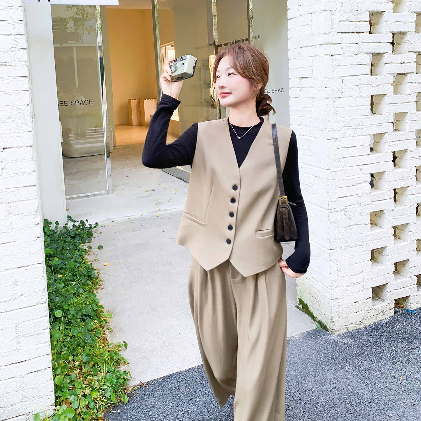 【档口有货】老钱风卡其马甲裤子两件套2C079-4507-p160-k248,女装套装/套裙,2C079