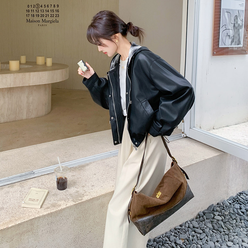 【档口有货】连帽拼格子皮衣外套2C079-2536-p170-k248,女装皮衣,2C079