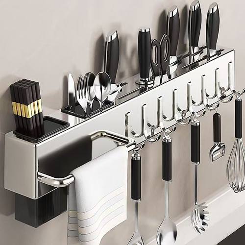 不锈钢厨房刀架置物架家用壁挂免打孔多功能筷子筒刀具一体收纳架