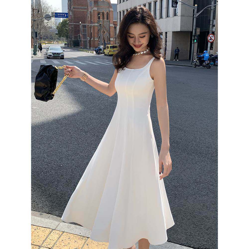 收腰连衣裙女夏季白色无袖吊带礼服赫本风裙子背心裙高级感小白裙
