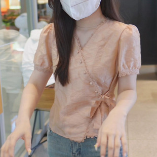 韩版 上衣潮 设计感粉橘色侧边系带花边领衬衫 女夏2025减龄温柔短袖