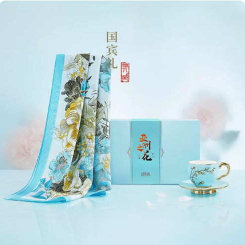 万事利春夏新款100%桑蚕丝真丝丝巾陶瓷杯礼盒套装夫人礼亚洲之花