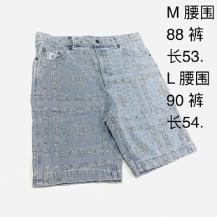 美式嘻哈满印腰果花水洗潮奢男士直筒方巾式印花刺绣牛仔短裤