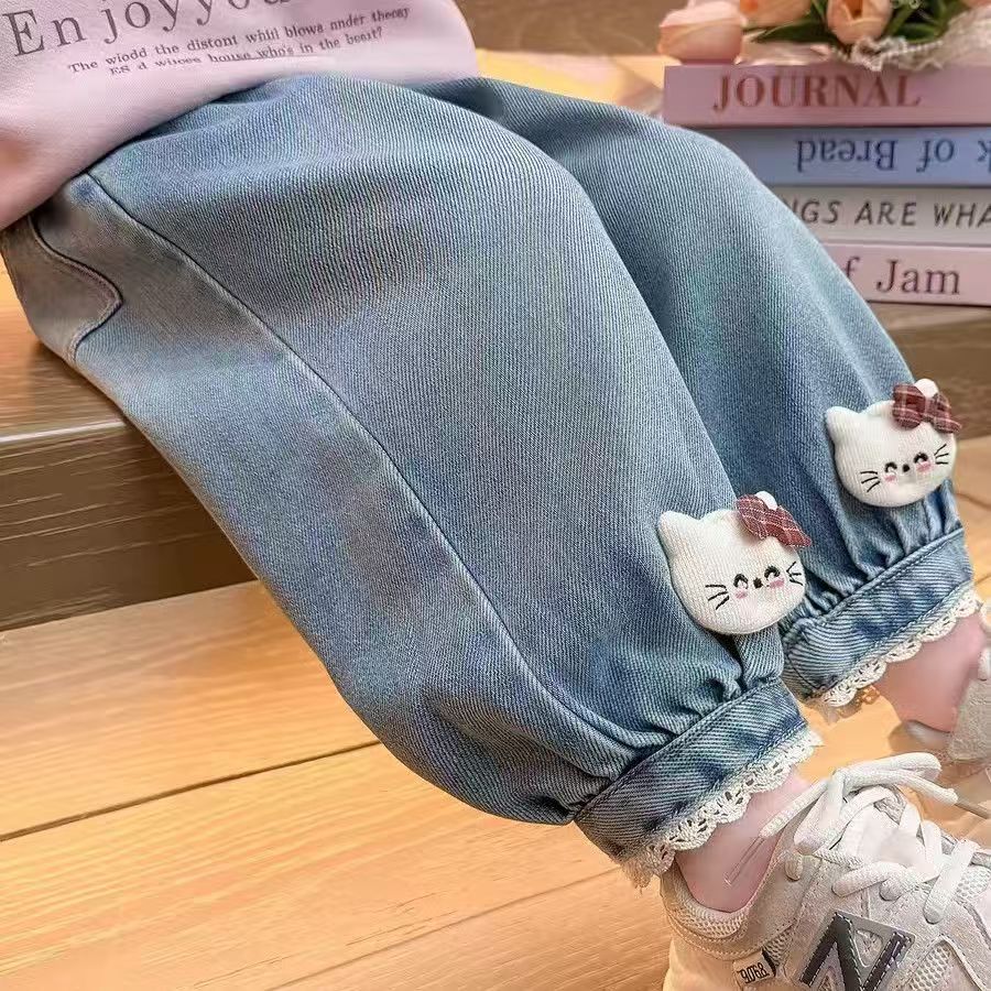 女童猫咪卡通束脚牛仔裤