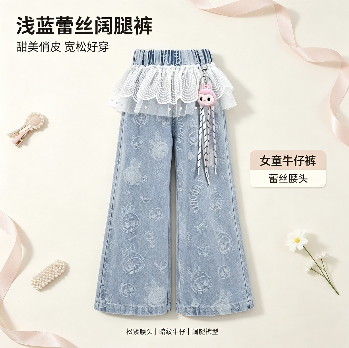女童秋新款拉布布卡通蕾丝牛仔裤
