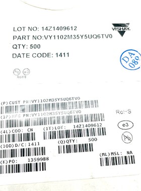 VY1102M35Y5UQ6TV0 VY1 102M Y1 500V X1 760V VISHAY安规电容