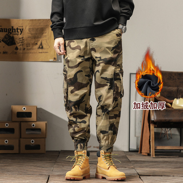 加绒美式迷彩休闲多袋宽松拉链束脚长裤子男加厚保暖潮牌工装裤男