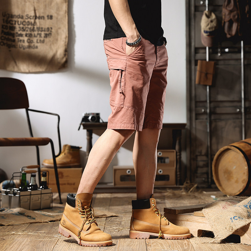 夏季薄款工装短裤男外穿潮牌复古砖红宽松直筒休闲五分裤百搭5分