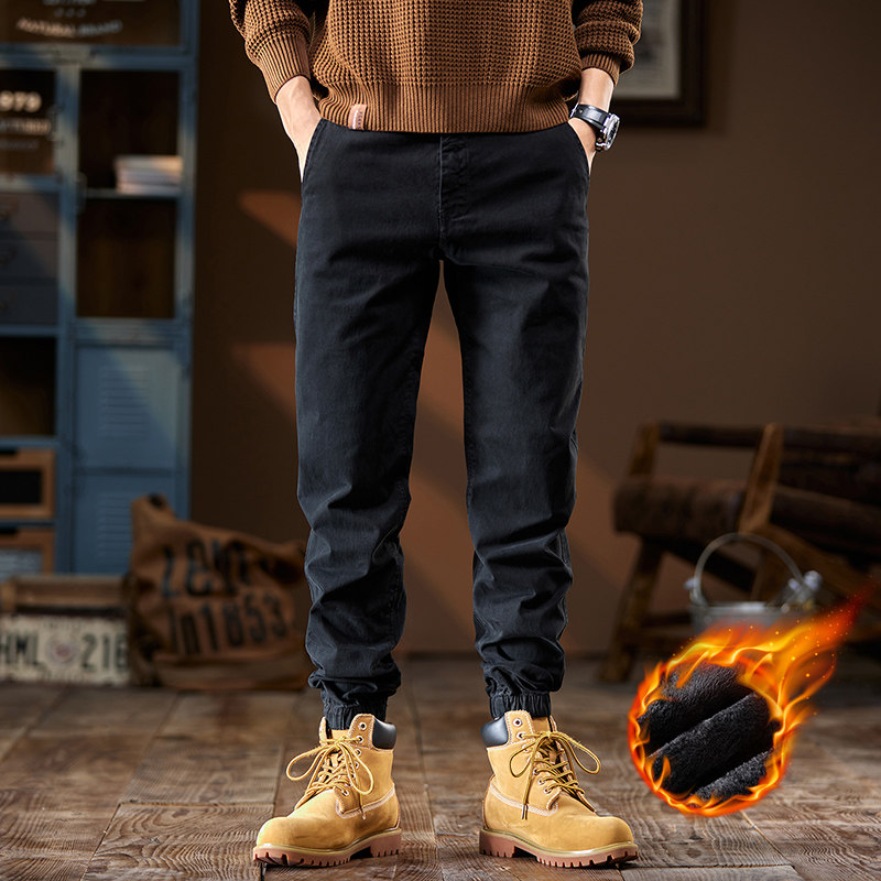 加绒秋冬季新款简约美式复古弹力工装裤男潮牌束脚宽松休闲长裤子