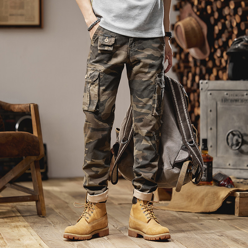 美式复古迷彩裤男直筒修身工装裤休闲裤小脚长裤秋冬款潮流